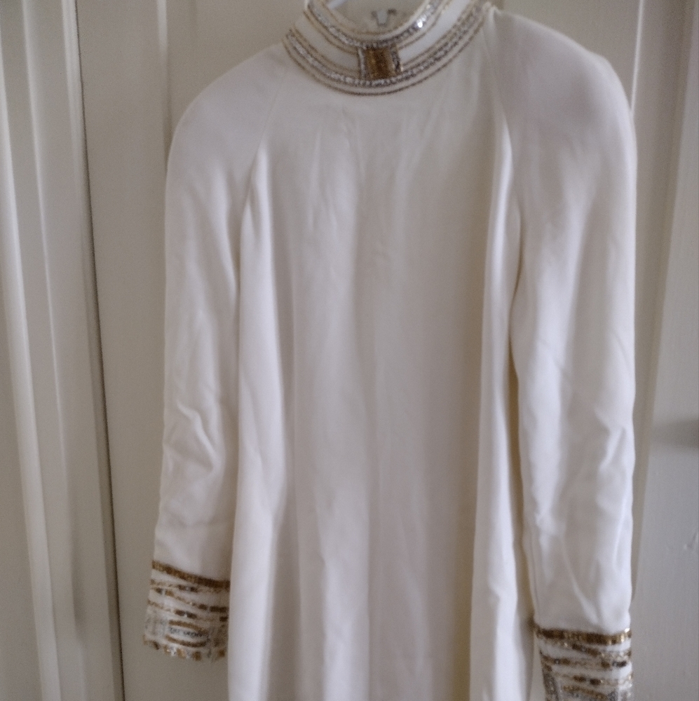 Nite Line Cream Sequined Mock Neck Evening Dress